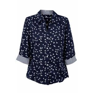 Foxcroft Easy Care Shirt Medium Navy Bird Print 3/4 Sleeve Button Down
